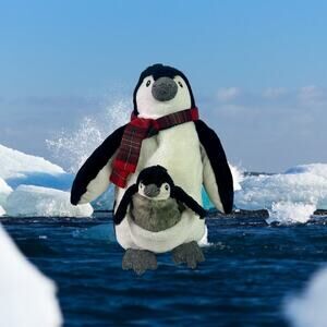 Pier 1 Imports Penguin Plush With Baby In Pouch Scarf Stuffed Animal Toy